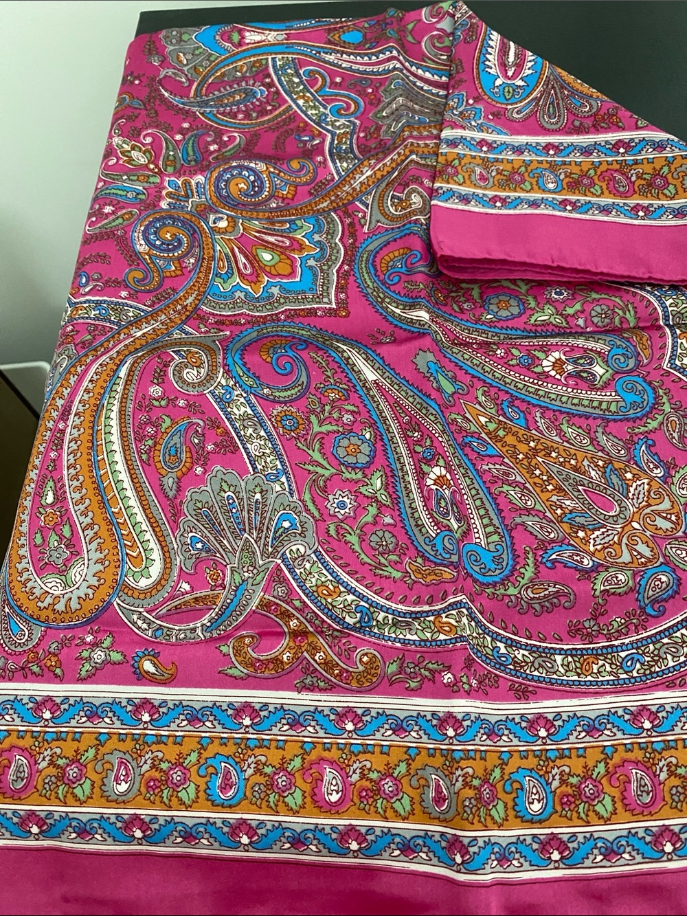30 % Silk. Moen Vibrant Pink Paisley Silk Scarf with Multicolor Accents.